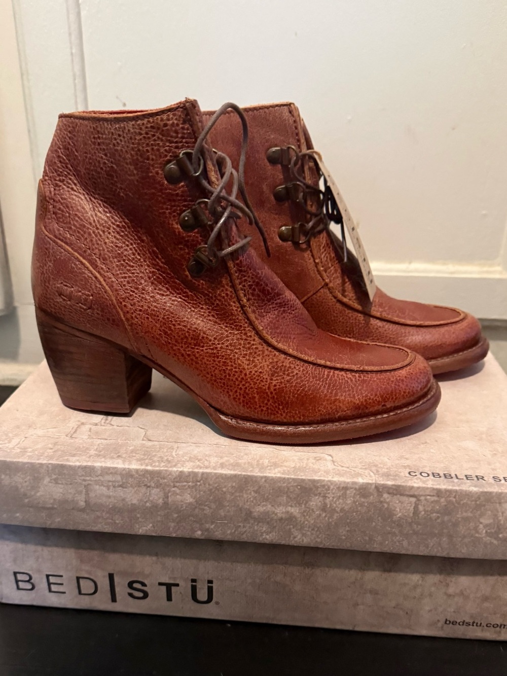 BED|STÜ Mage Cognac Leather Lace-Up Ankle Boots – Size 7 – New with Box